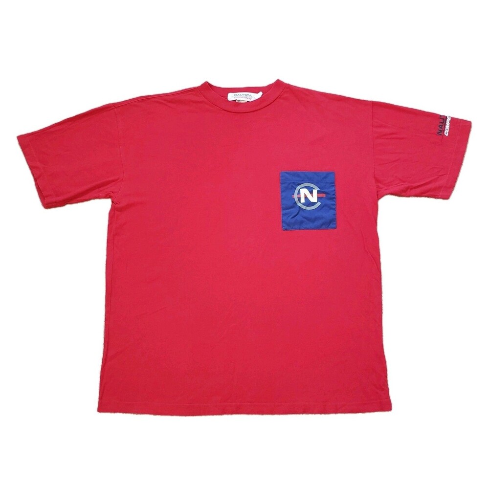 Vintage 90s Nautica Competition Size Large USA Made Mens Red Pocket T-Shirt